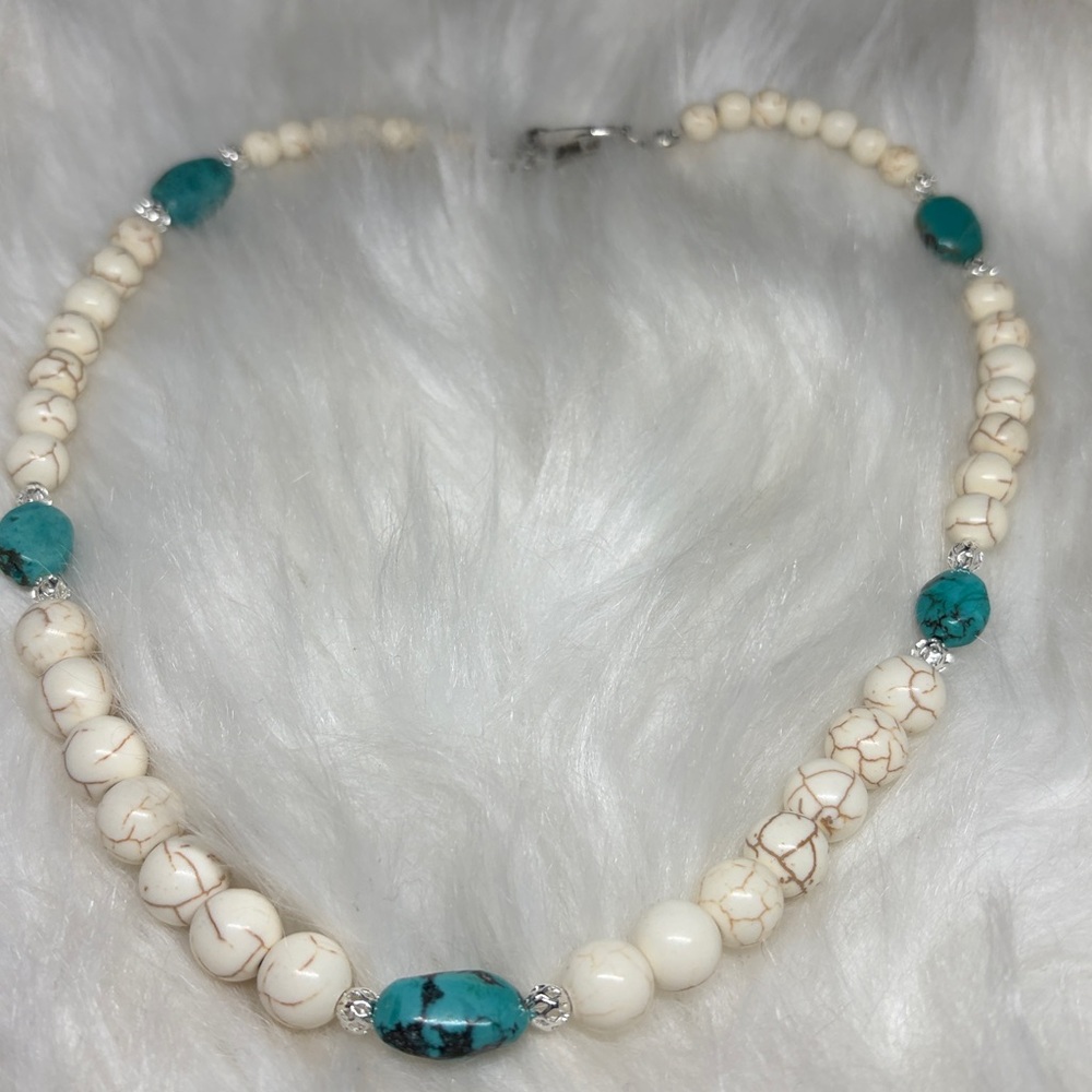 Genuine Kingman and Crazy Horse Turquoise Necklace with 18k White Gold P accent